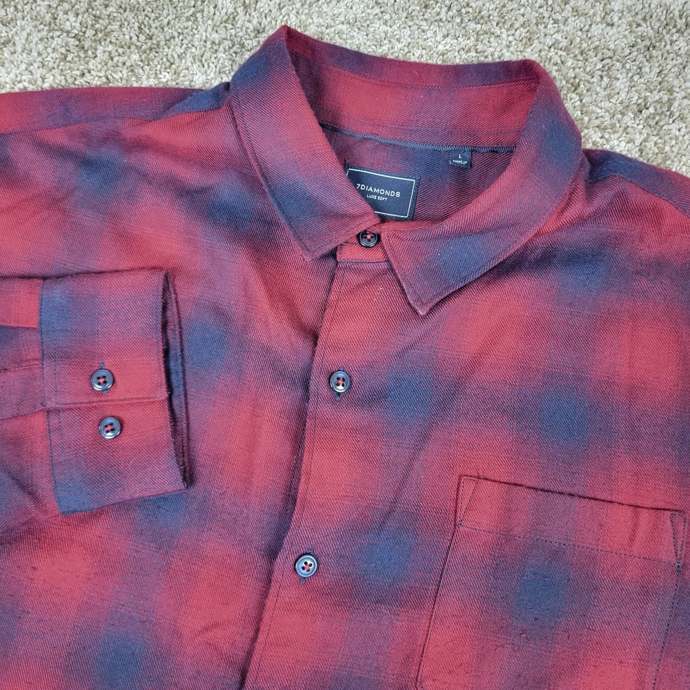 7 Diamonds Lux Soft Mens Large Red Plaid Button Up Long Sleeve Flannel